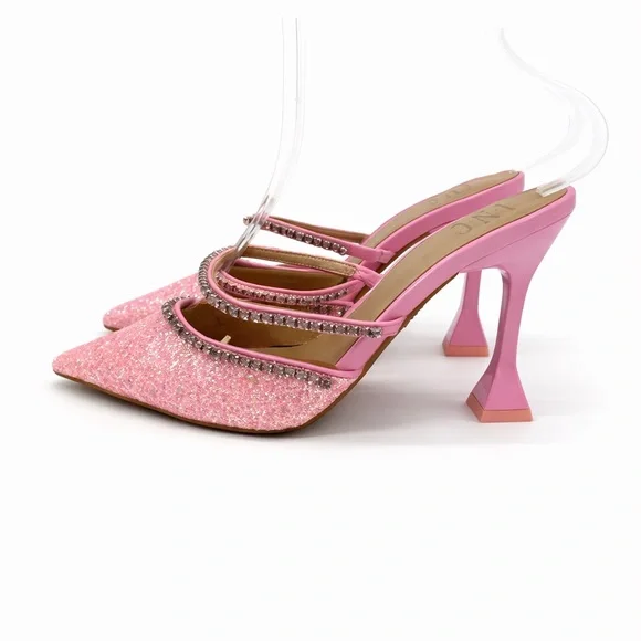 INC International Concepts Gylana Pink Glitter Mule Heels/Rhinestone Straps - Picture 2 of 15